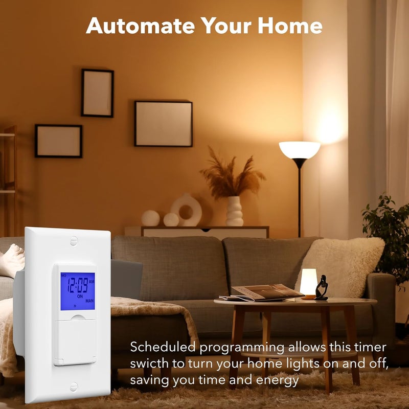 BN-LINK 7 Day Programmable in-Wall Timer Switch for Lights, Digital Light Switch Timer Indoor, Single Pole and 3 Way (Compatible with SPDT) Both Use, Neutral Wire Required, Blue Backlight, ETL Listed - Image 2